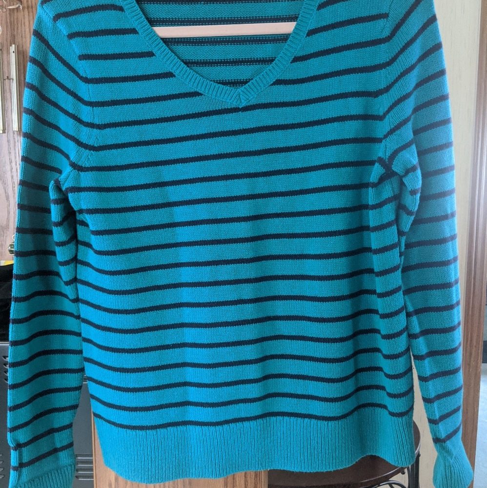 Green Striped V-neck Sweater